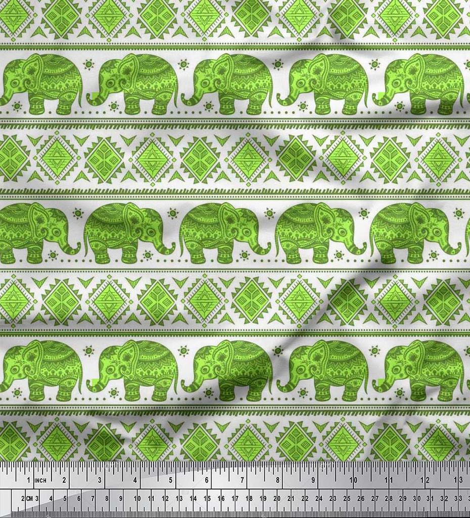 Soimoi Japan Crepe Satin Fabric Aztec & Tribal Elephant Ethnic Print Sewing Fabric Metre 42 Inch