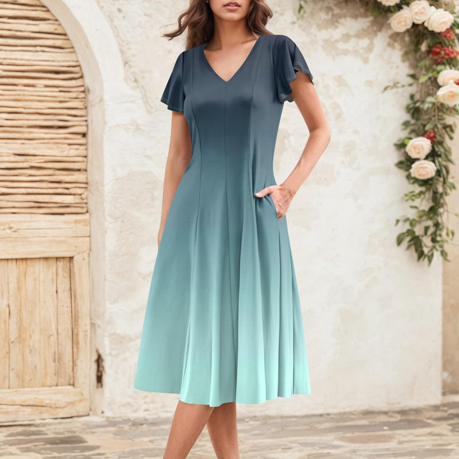 Women s Summer Fashion V-Neck Ruffle Sleeve Retro Elegant Midi Dress XL