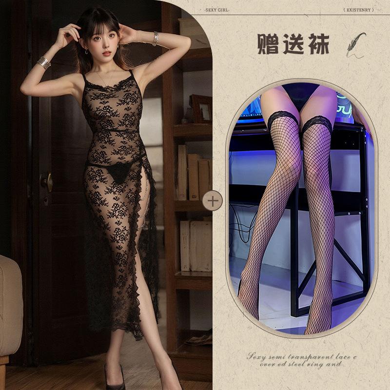 Sexy transparent lace high split chain suspender long dress pure desire wind royal sister suit temptation uniform