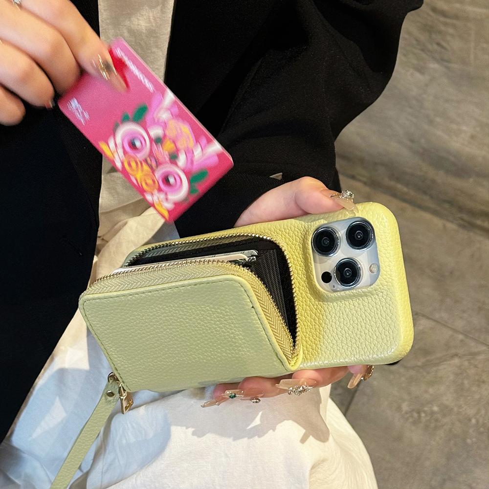 Für iPhone 15 Pro Hülle Reißverschluss Kartenfächer PU Leder Handy Rückseite mit Handschlaufe