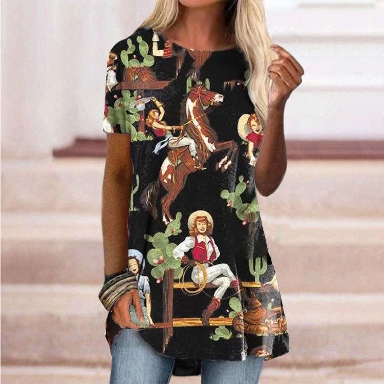 

Летний топ с круглым вырезом и принтом 3D Western, модные повседневные женские футболки с короткими рукавами S чёрный