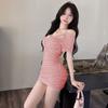 Women's clothing  new niche design sense one-word shoulder short sleeves slim-fitting sexy and thin pure desire wind off-the-shoulder dress