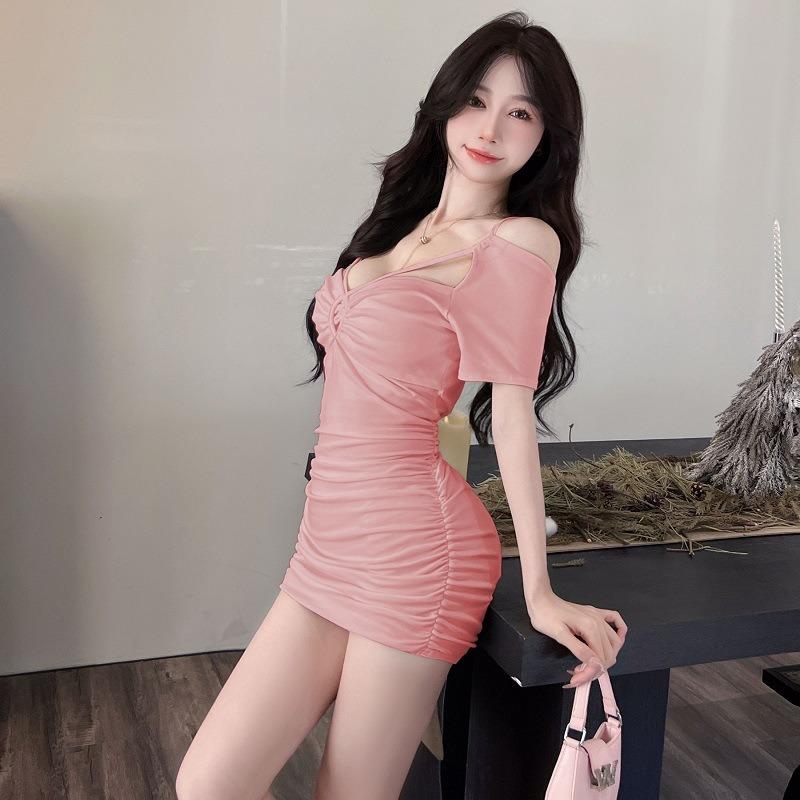 Women's clothing  new niche design sense one-word shoulder short sleeves slim-fitting sexy and thin pure desire wind off-the-shoulder dress