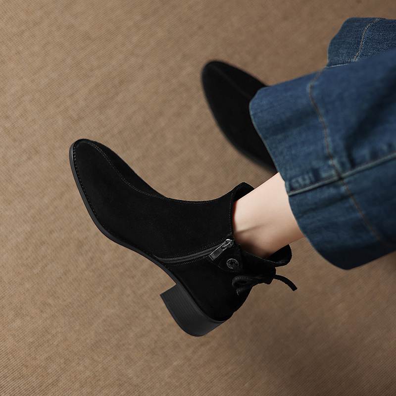 Krazing Pot Cow Suede Nubuck Round Toe Thick Heels Chelsea Boots Size 42 Slip on Women Butterfly-knot Ankle Boots