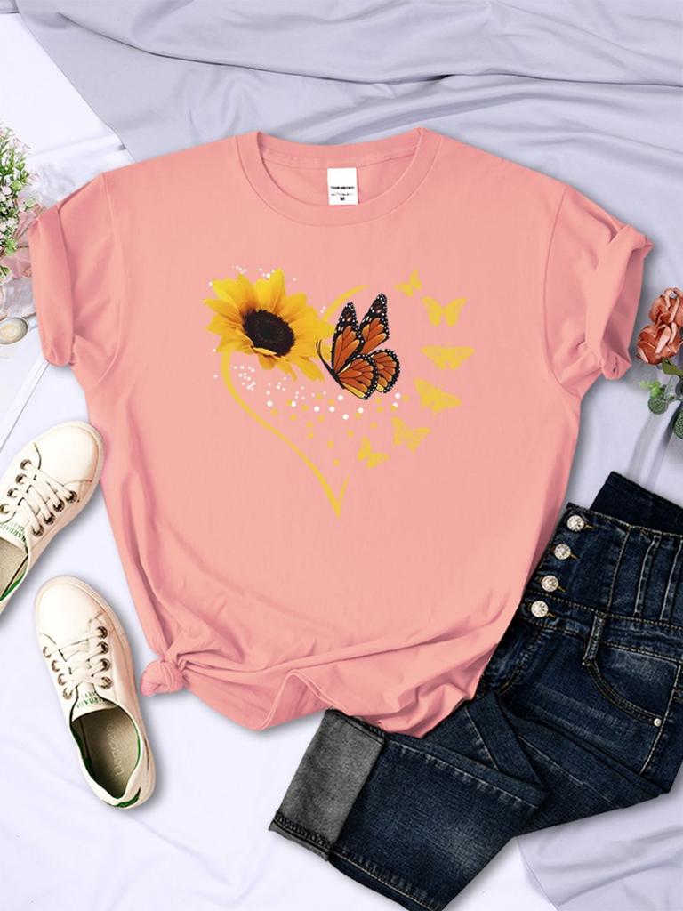 Einfache Damen T-Shirts Sonnenblumen Schmetterlinge Herz-Aufdrucke Kurzarm Bequem Weich O-Ausschnitt Oberteile Sommer Lässig Damenkleidung