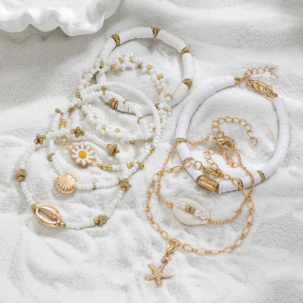 Ocean-style multi-layer stacked bracelet, shell, daisy and starfish beaded, versatile sweet girl jewelry for vacation and beach