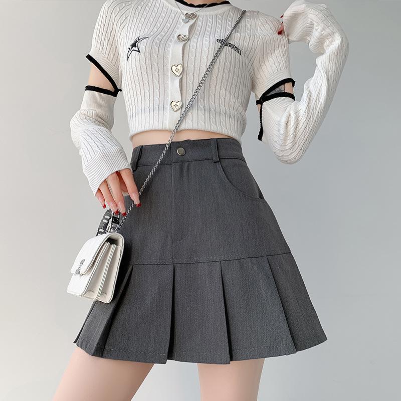 

Женская летняя 2024 черная плиссированная миди-юбка А-силуэта с высокой талией - Маленький размер, облегающая бедра, универсальная, короткая XS серый