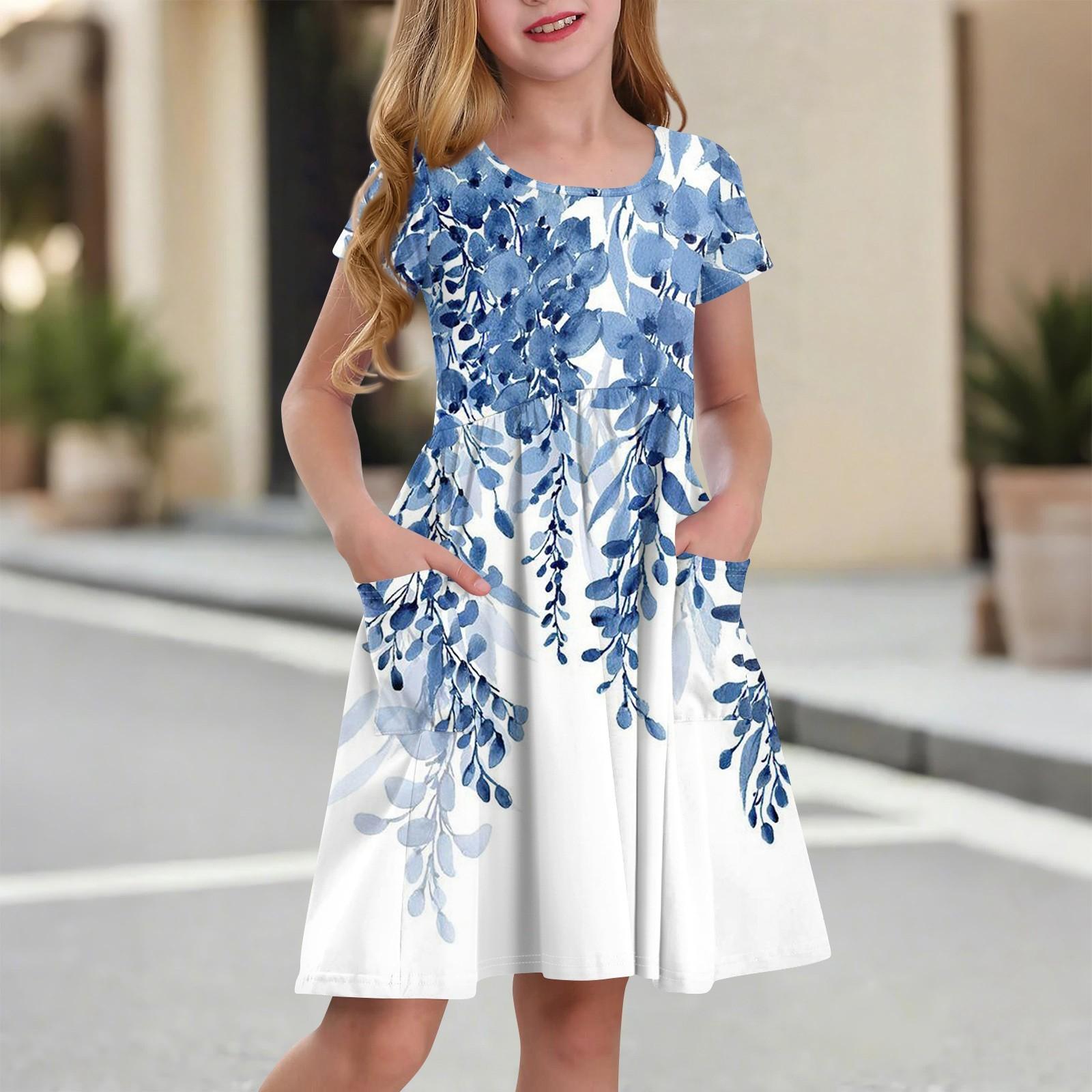 

Детская юбка с круглым вырезом и коротким рукавом, платье принцессы, модное повседневное платье с карманами для девочек 90