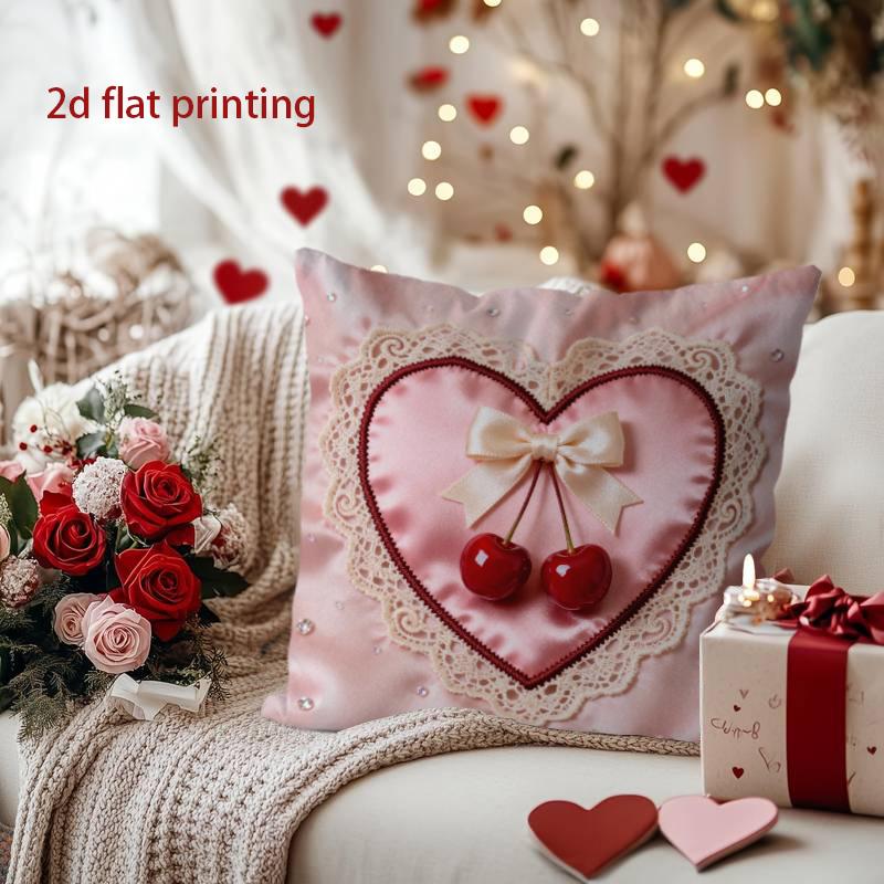 Heart-Shaped Pillowcase with Cherries and Bow Pattern Cushion Cover Suitable for Sofa Bedroom Car Pillow Cover