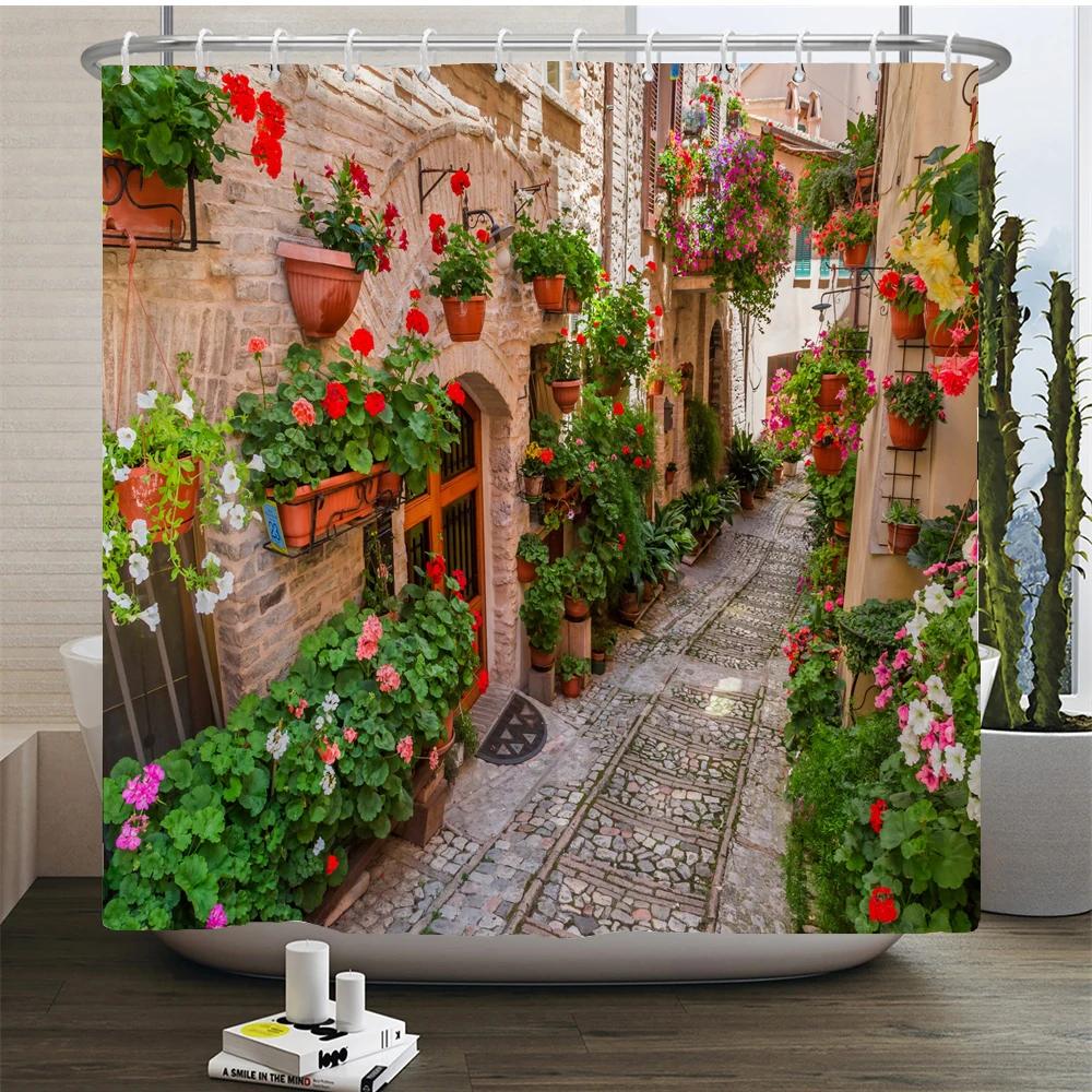 

3D Waterproof Fabric Shower Curtains European style Arched Flower Printed Bath Curtain Large 240X180 with Hooks Bathroom Screen 90x180cm-35x70in