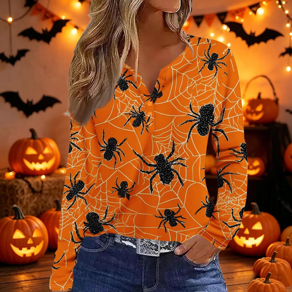 Women's Halloween Print Long Sleeve V Neck Button Detail Casual T Shirt Top with Festive Graphic Design for Seasonal Wear