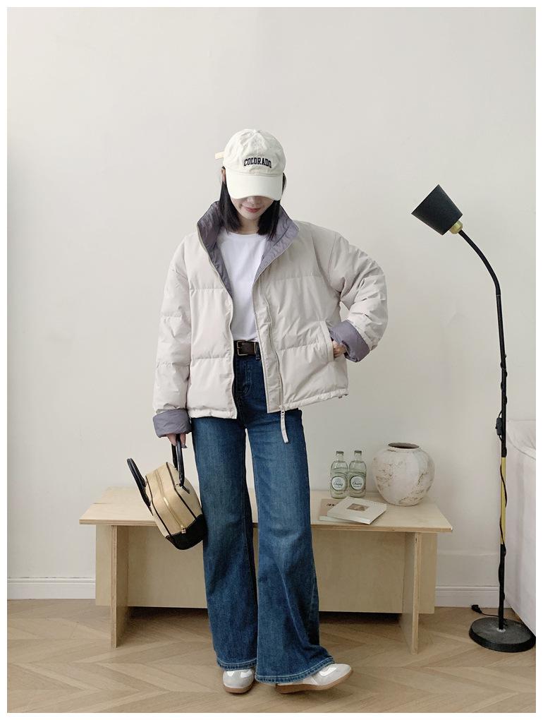 Women's 2025 Winter Korean Style Short Down Jacket, Thickened Stand-up Collar, Petite All-match White Duck Down Color Block Puffer.