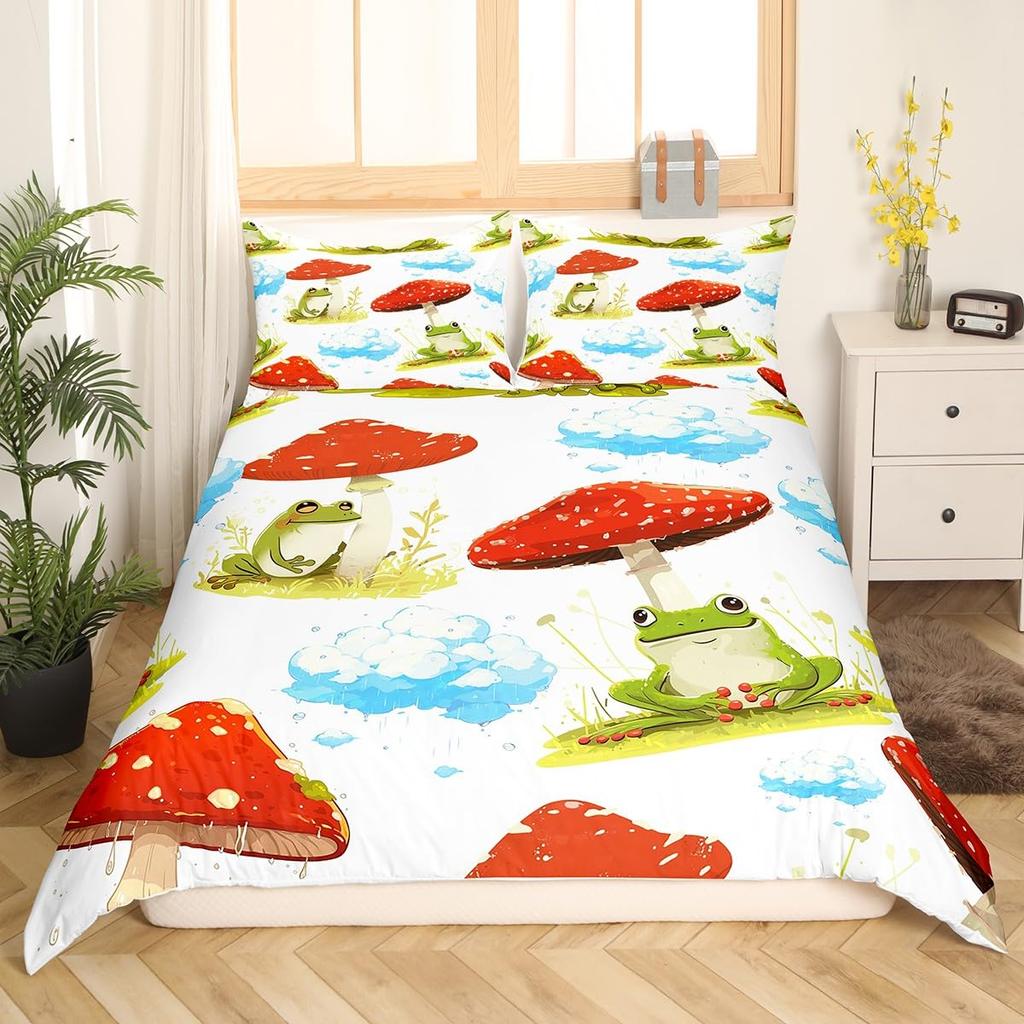 Cartoon Mushroom Frog Duvet Cover Twin Size,Cute Kawaii Green Animal Comforter Cover Maple Leaves Hazelnut Plant Quilt Cover