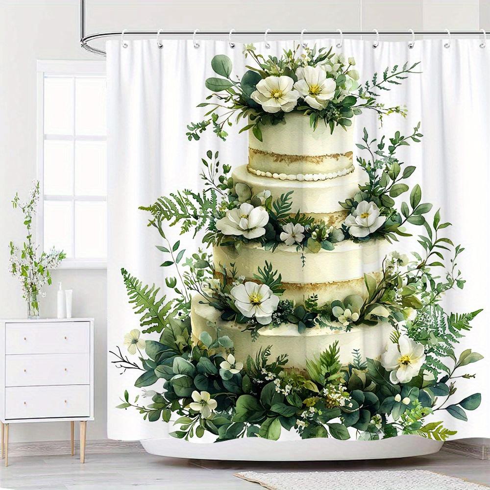 

1pc Wedding Cake Shower Curtain - Lifelike Digital Design, Green Leaves, White Blooms, Cream Background, Golden Beads W90XH180cm