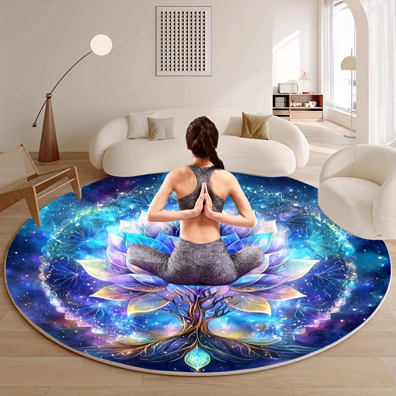 Lotus Geometric Mandala Round Rug, Luxury Floral Pattern Non-Slip Washable Circle Carpet for Bedroom & Living Room Decor