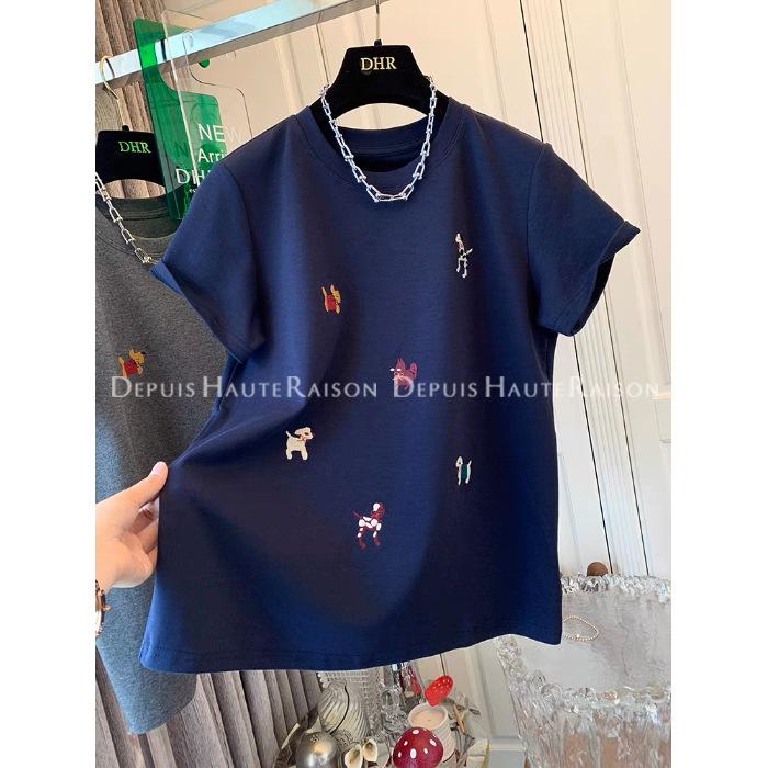 Top Holgado con Bordado de Cachorro - Camiseta de Manga Corta de Dibujos Animados Verano 2026, Versátil y Juvenil Estilo Ins