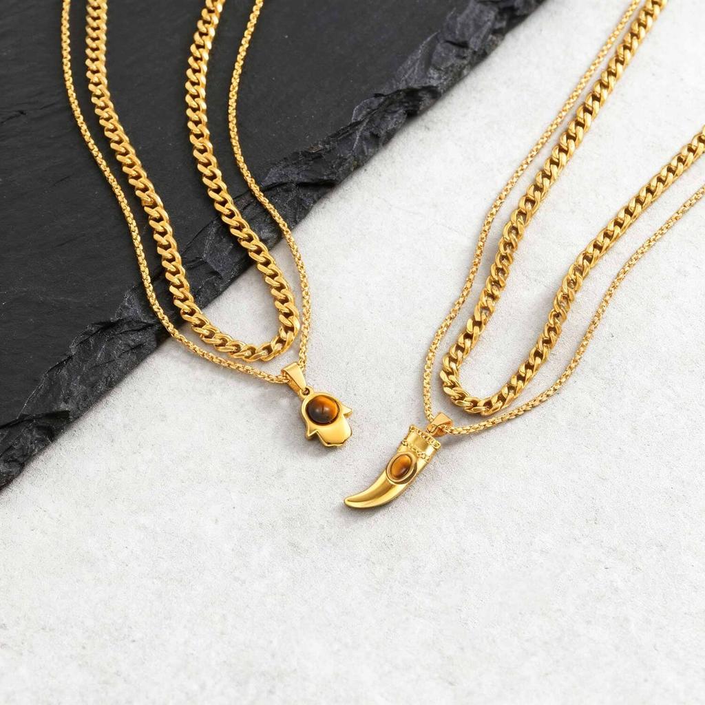 Erkek Çocuklar İçin Trend Boynuz Kolye, Altın Rengi Paslanmaz Çelik Kaplan Gözü Taşı Katmanlı Kolye, Zarif Erkek Takı Seti Hediye