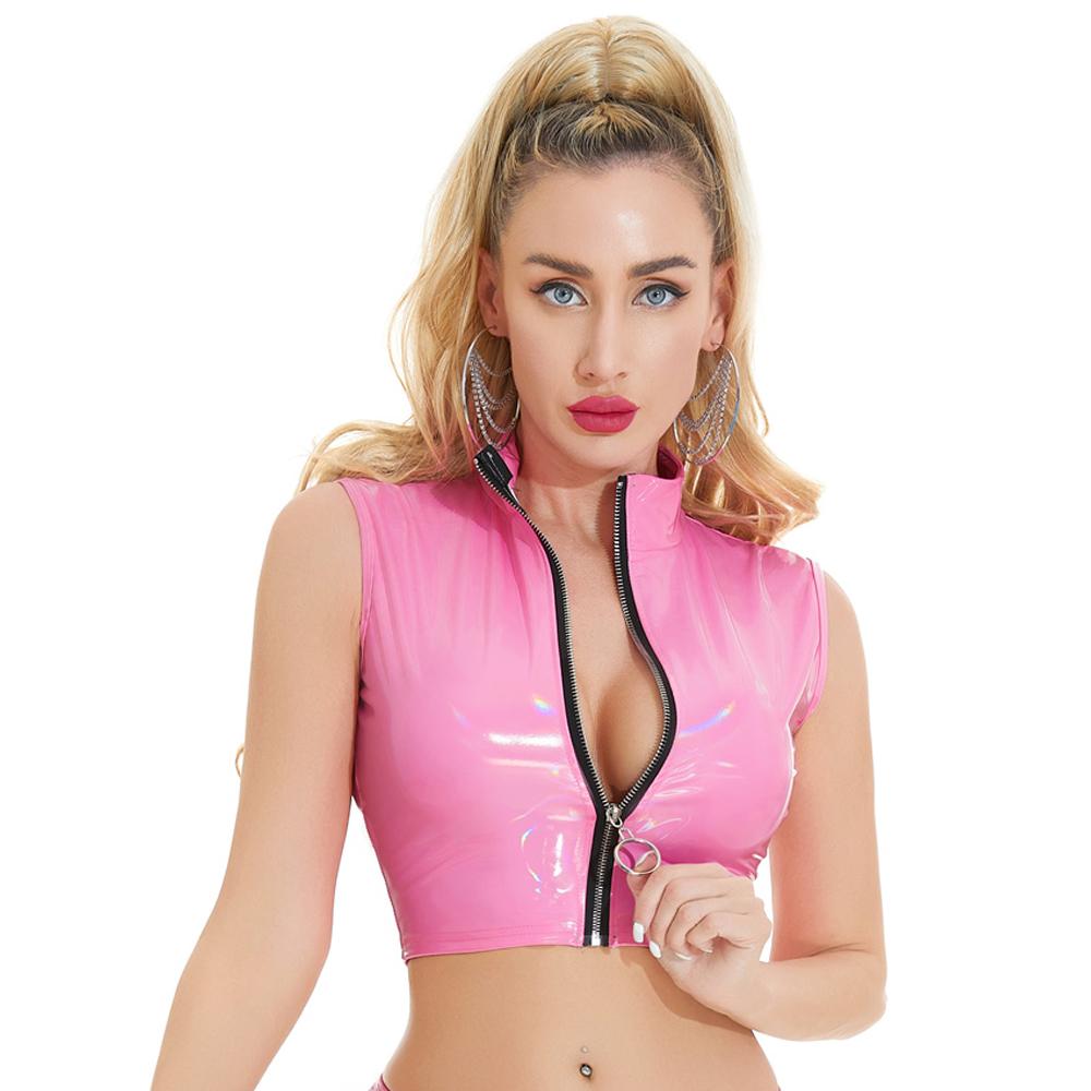 Sexy Women Zipper Open Crotch  Short Oil Glossy Shiny Low Waist Short PVC PU Hollow Out Exotic Briefs Maid Dance Wear