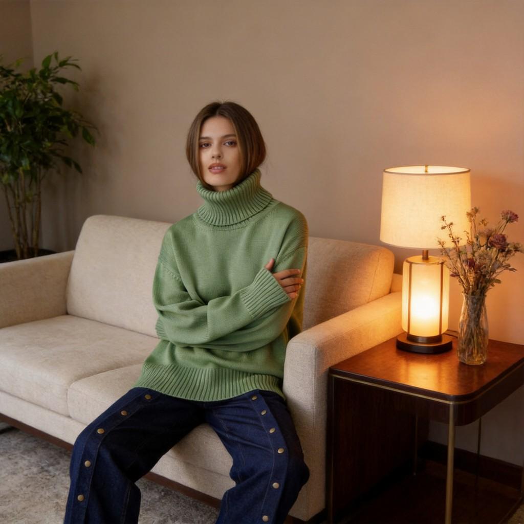 Autumn Winter Women Sweater With High Neck Knitted Fabric For Casual Lounge Wear