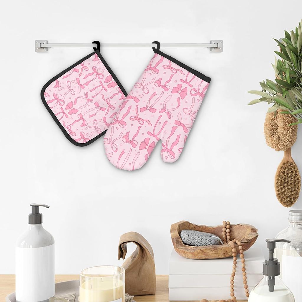 Pink Bow Coquette Decor Oven Mitts and Pot Holders Sets, PinkCoquette Preppy Kitchen Accessories Sets, Pink Ribbon Bow Preppy Heat Resistant Oven