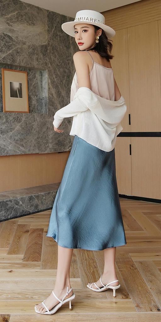 Satin Solid Flared Skirt [syvent] Knee-Length A-Line Skirt, Summer, Knee-Length, Color, Shiny,