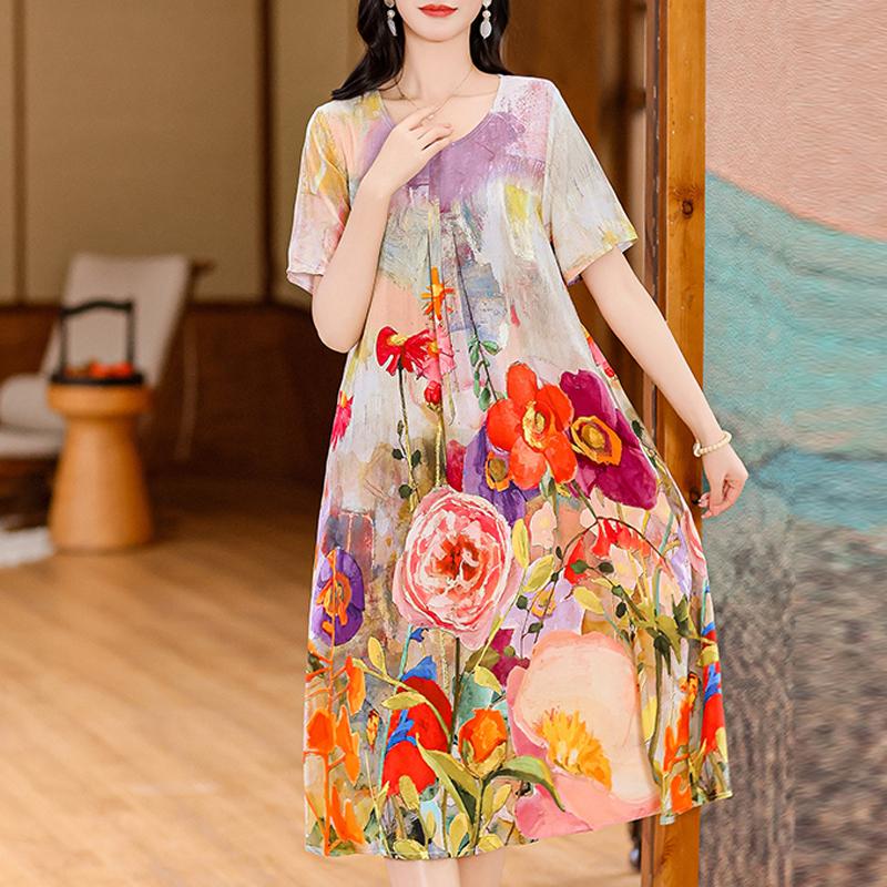 Summer Elegant Long Dresses for Women Plus Size Loose Short Sleeve Vintage Print Women's Dress