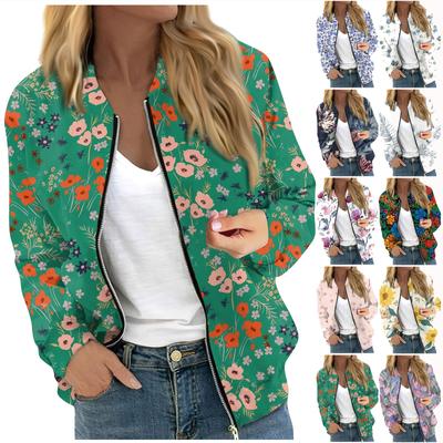 Modische, lässige Langarmjacke mit Blumen-/Blattdruck und Rundhalsausschnitt für Damen