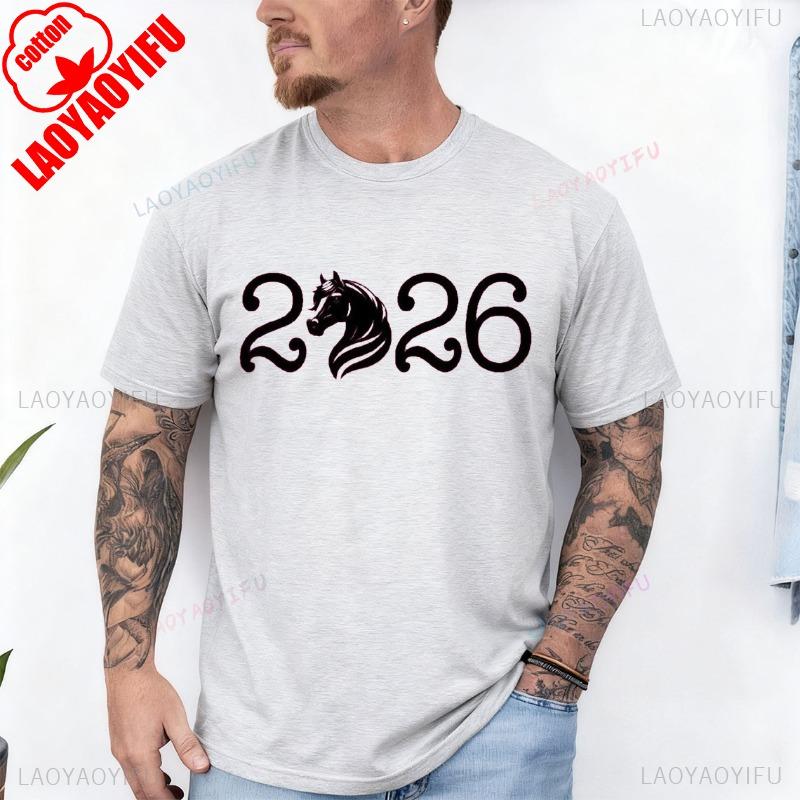 2026 New Years Horse Silhouette Youth TShirt Crew Neck Short Sleeve Cotton Top All Seasons Casual Fashion Comfortable Tees