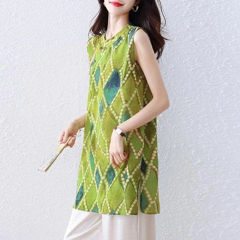 

Женская зеленая туника без рукавов с принтом в ромбы, свободная повседневная льняная майка L зелёный