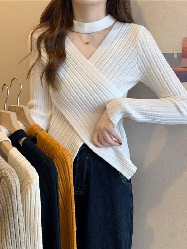 White Cross V-Neck Knit Sweater for Women - Slim Fit, Irregular Halter, Trendy Korean Style