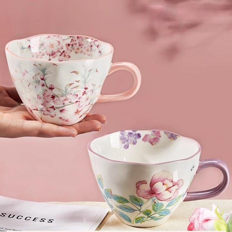 Ceramic Coffee Mug, Premium 350ml Bone China Coffee Tea Hug Mug, Floral Designed Teacup, Breakfast Cup