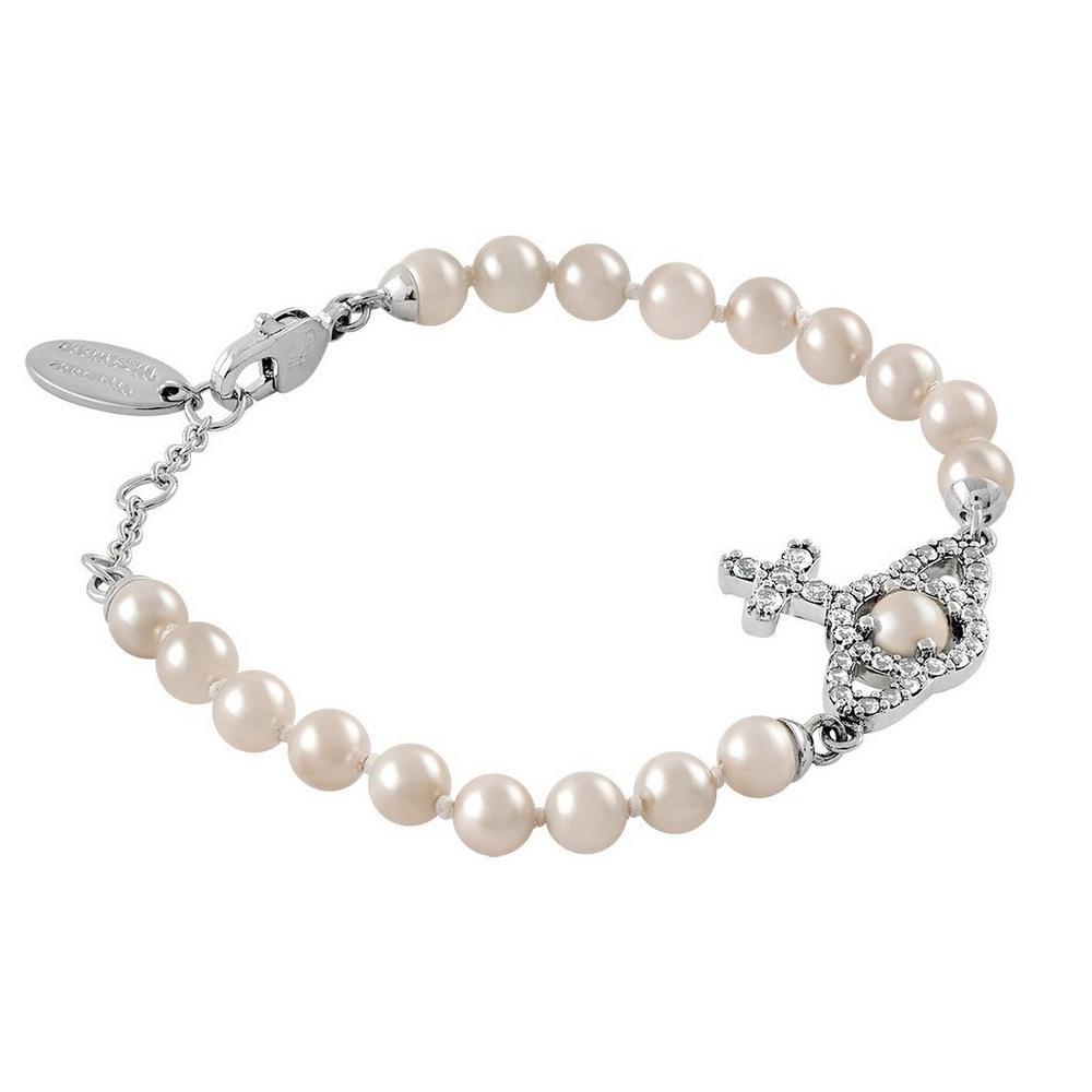 Vivienne Westwood Olympia Pearl Bracelet Cross Crystal Saturn Pattern Plated Gold Pearl Bracelet Women bracelet Silver 6103007R02P373