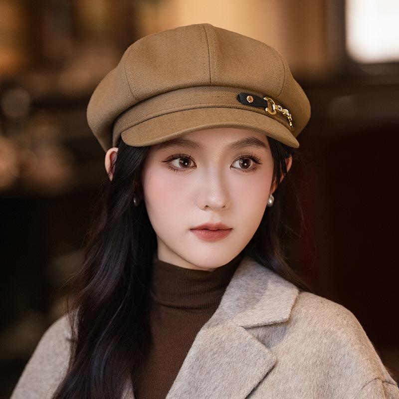 Autumn and winter hats women's solid color versatile octagonal hats temperament show face small beret big head circumference painter hat