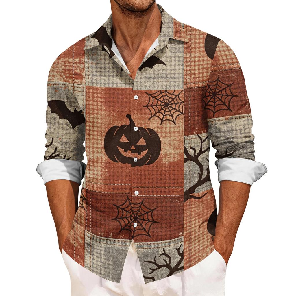 Men's Casual Long Sleeve Button Down Shirt Halloween Print Patchwork Design Lightweight Breathable Fabric Relaxed Fit