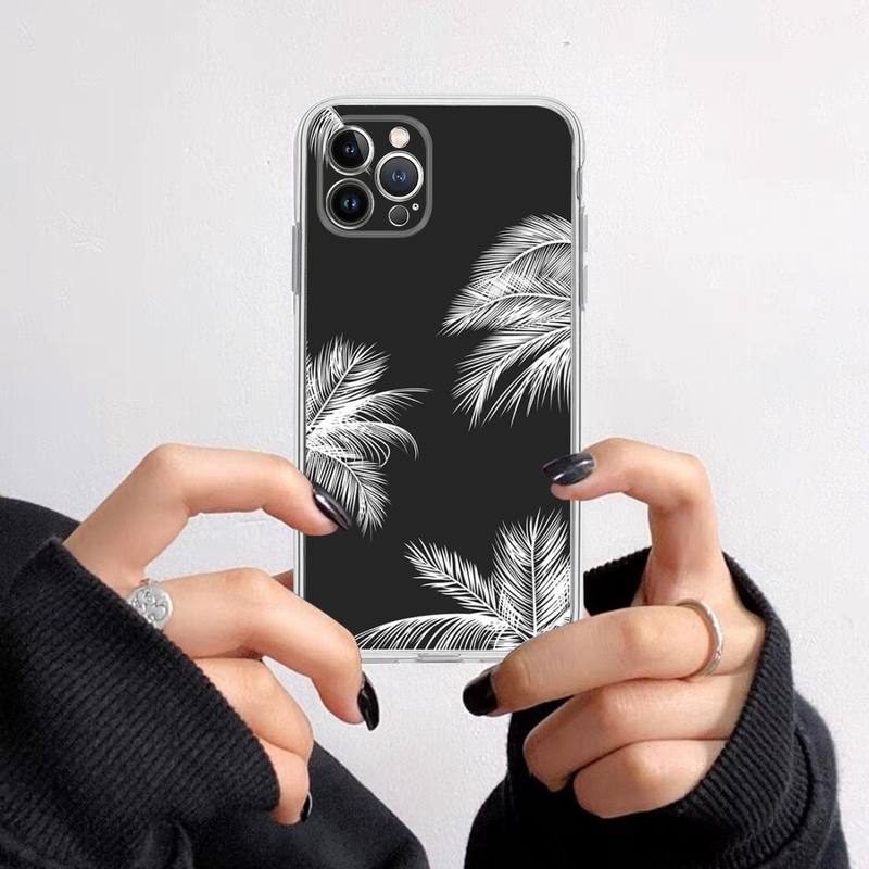 Black white palm leaves palm trees Phone Case For iPhone 14 13 12 11 Pro Max XS X XR SE 2020 6 7 8 Plus Mini Transparent Shell