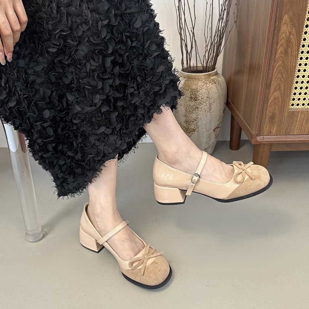 French Retro Color Matching Thick Heel Increased Mary Jane Shoes Women's 2025 Summer New One-word Buckle with Bow Single Shoes
