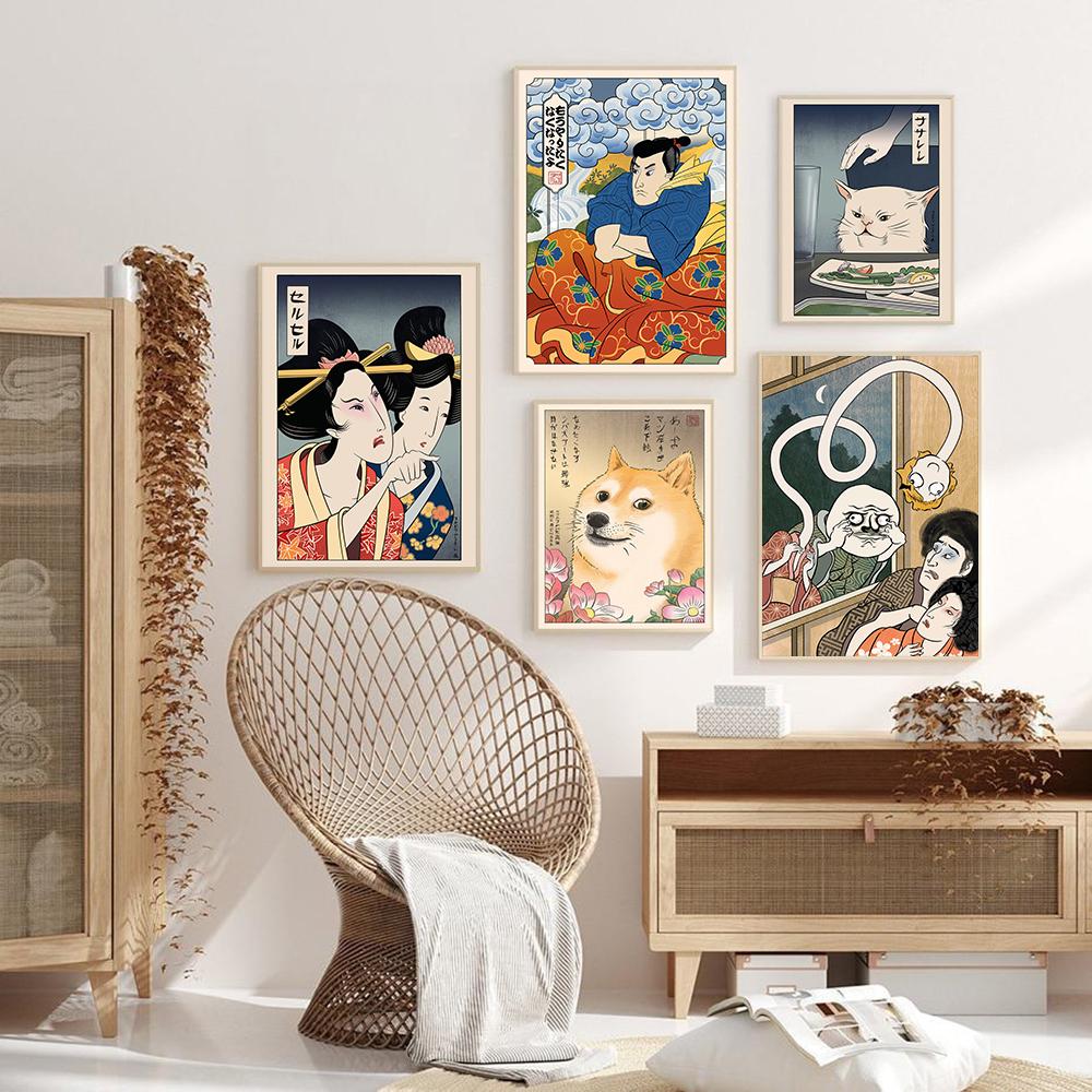 Japoński plakat w stylu Ukiyoe Kobieta krzycząca na kota Malowanie na płótnie Sztuka ścienna w stylu vintage Farmhouse Obraz Wystrój domu Bez ramki