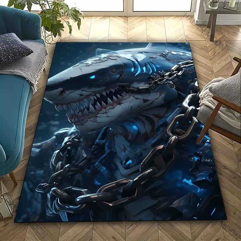 3D Shark Theme Printed Carpet Edgy Nautical Horror Statement Rug for Living Rooms Bedrooms, Office Areas, Durable Washable Mats