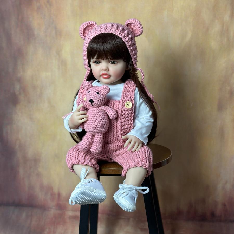 BZDOLL 55 CM 22 Inch Realistic Lifelike Reborn Baby Full Soft Vinyl Girl Doll Long Brown Hair Princess Toddler Bebe Birthday Gift