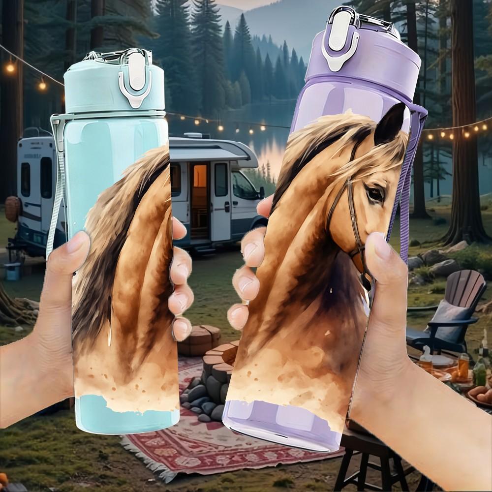 1PC Brown Horse Head Portrait Print 750ml Color Plastic Sports Water Bottle Leakproof Flip Straw Lid Suitable for Sports Office Home Use
