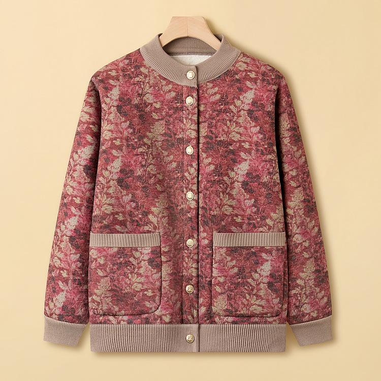 Autumn and Winter Round Neck Printing Plus Velvet Padded Knit Cardigan Women's Loose Casual Coat Middle-aged and Old New Mother's Dress