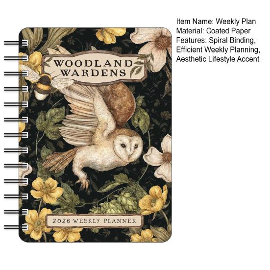 Týdenní plánovač Woodland Wardens 2026, spirálový zápisník s obálkou s přírodní tématikou, 17měsíční organizér pro školu, kancelář, osobní použití
