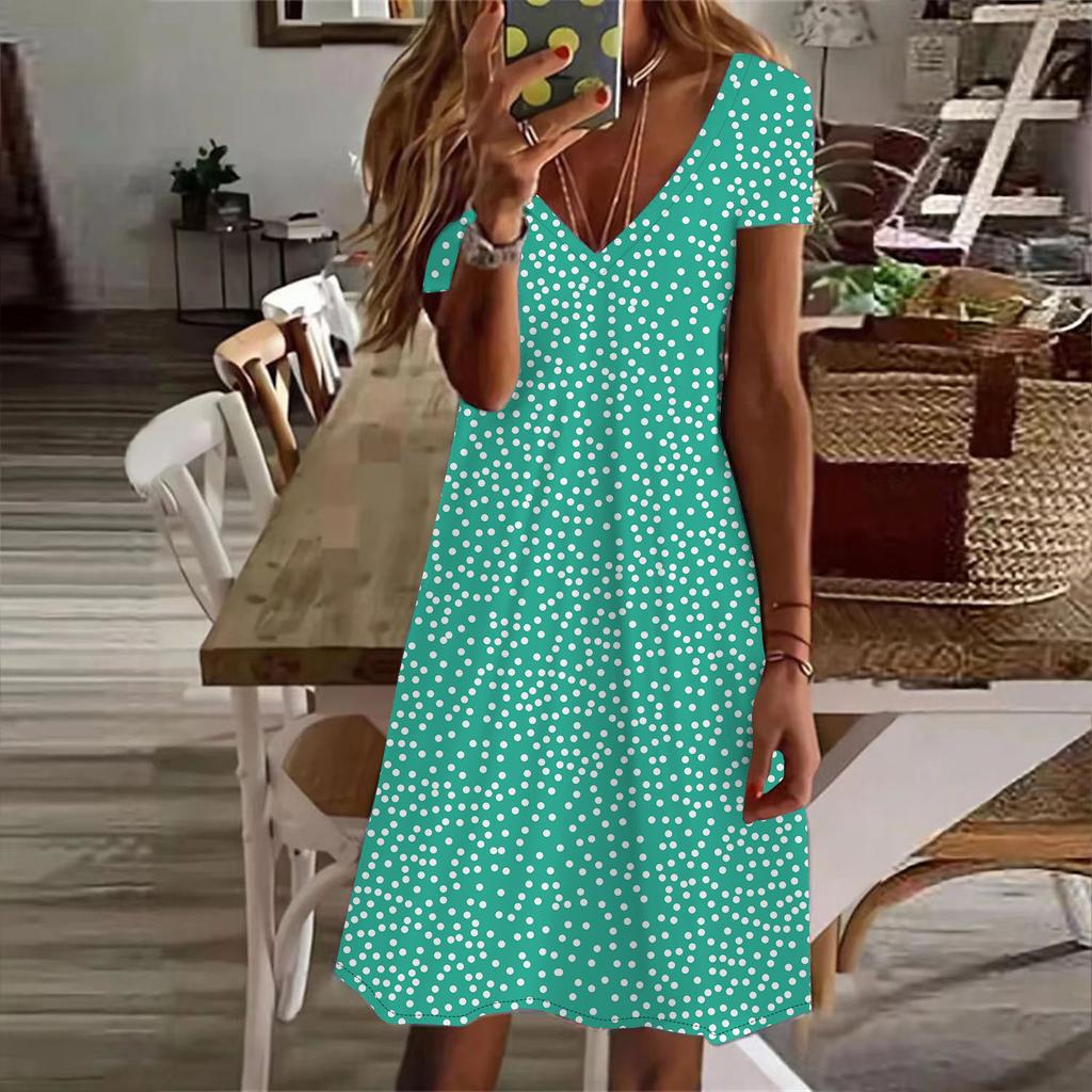 Letnia Moda Damska Sukienka z Dekoltem V z Krótkim Rękawem w Kropki Seksowna Krótka Spódniczka Sukienki