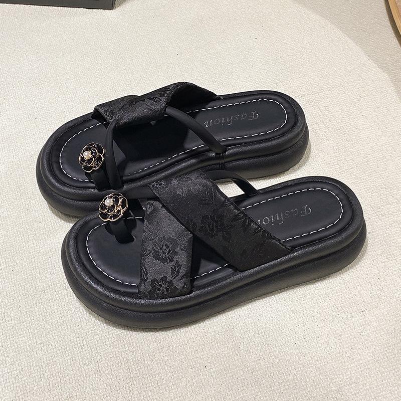 

Internet celebrity thick bottom one-word drag women 2025 new fashion versatile summer wear retro rhinestone set toe slippers female trend 40 чёрный