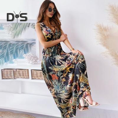 Women Vacation Dress Sleeveless V Neck Backless Floral Printing High Waist Drawstring Beach Dress Bohemian Style Maxi Dress