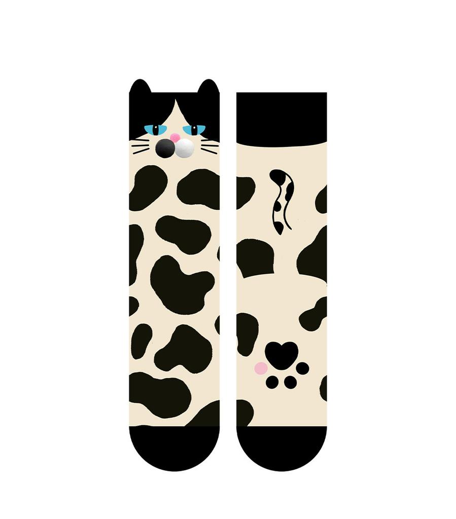Cute Cat Print Crew Socks Playful 3D Pom Pom Mid Tube Socks Stylish Leopard Pattern Casual Hosiery Soft Breathable Female Socks