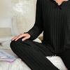 2Pcs/Set Women Pajamas Set V-Neck Long Sleeve Lace Trim Tops Elastic Waist Long Pants Set Solid Color Ribbed Sleepwear