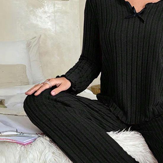 2Pcs/Set Women Pajamas Set V-Neck Long Sleeve Lace Trim Tops Elastic Waist Long Pants Set Solid Color Ribbed Sleepwear