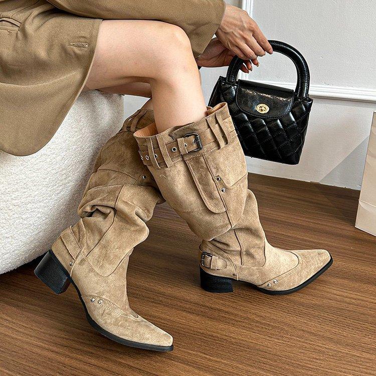 But knee boots women's 2025 autumn and winter khaki suede pointed boots children thick heel thin pleated piled boots