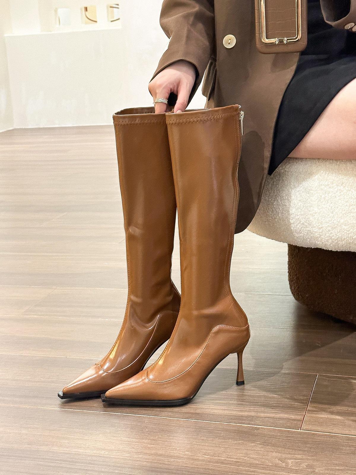 

Explode and show thinness! Autumn and winter brown pointed splicing high-heeled boots women s autumn soft leather thin boots 35 коричневый